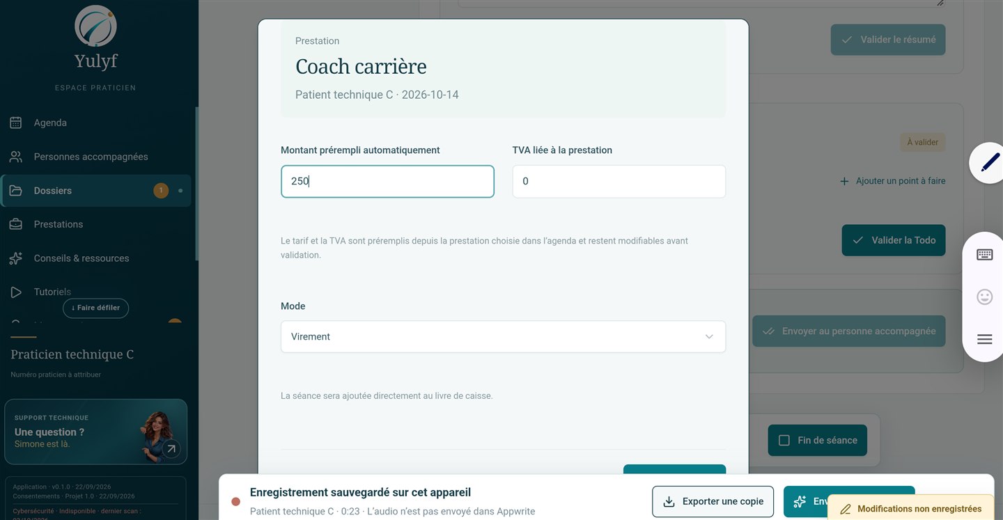 Validation du paiement de la séance dans Yulyf