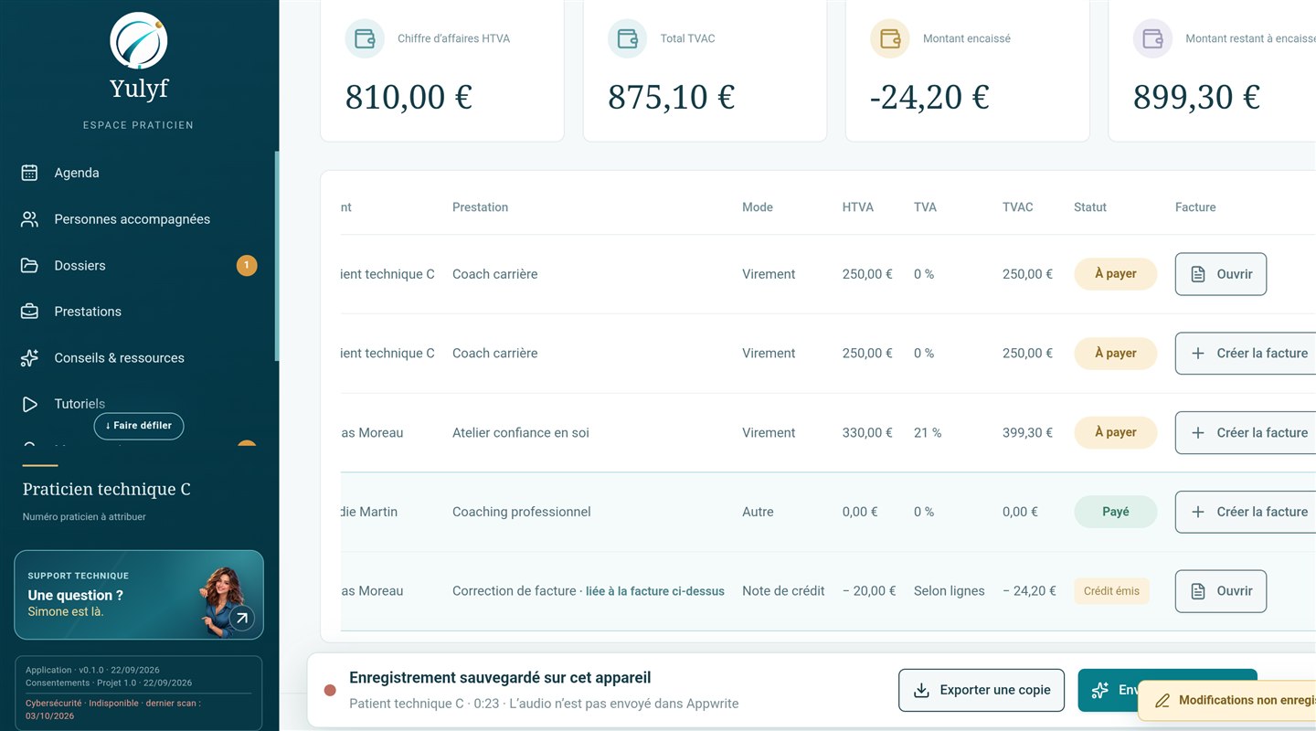 Vue réelle du suivi des paiements et de la facturation dans Yulyf